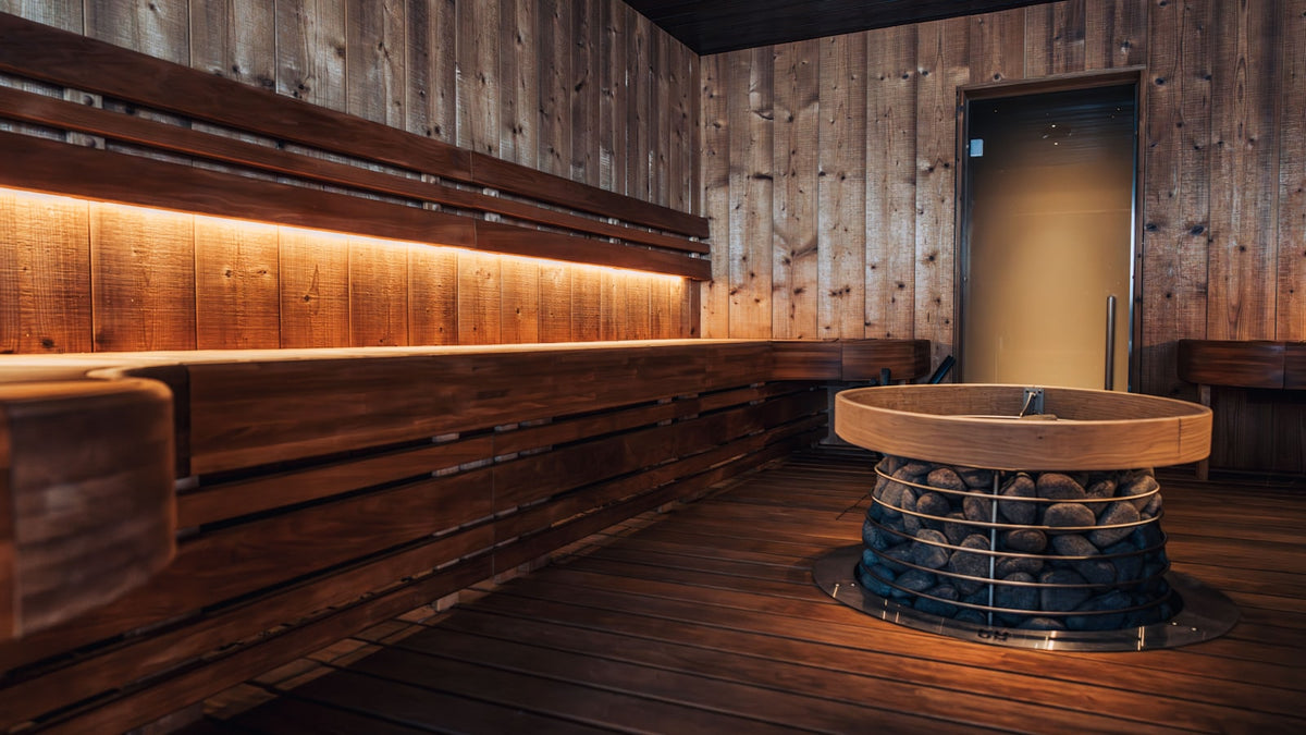 Spacious wooden sauna interior with benches