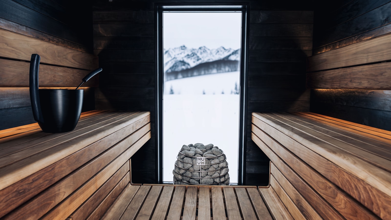 Wooden sauna with window and natural light