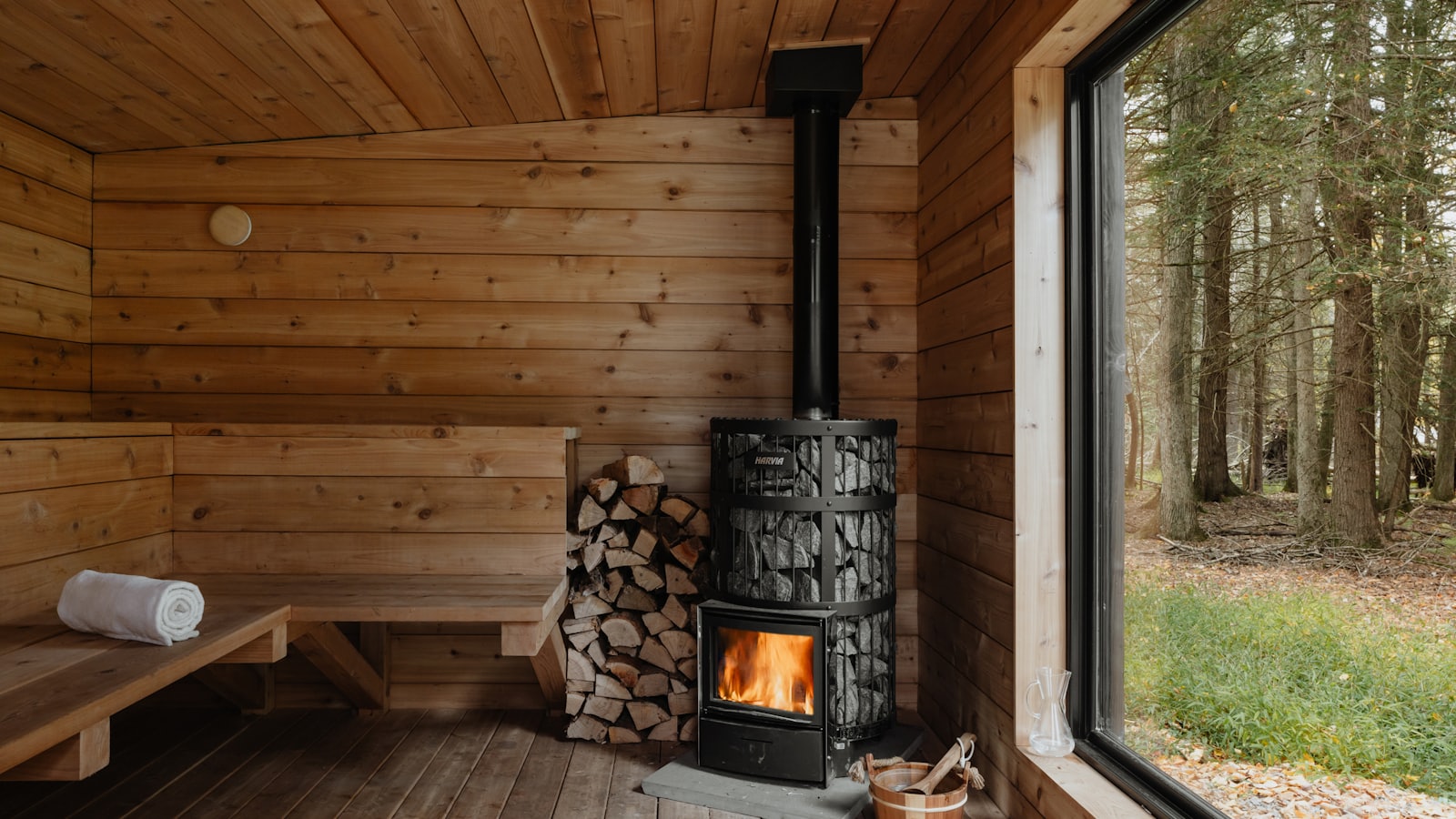 Wooden sauna cabin interior