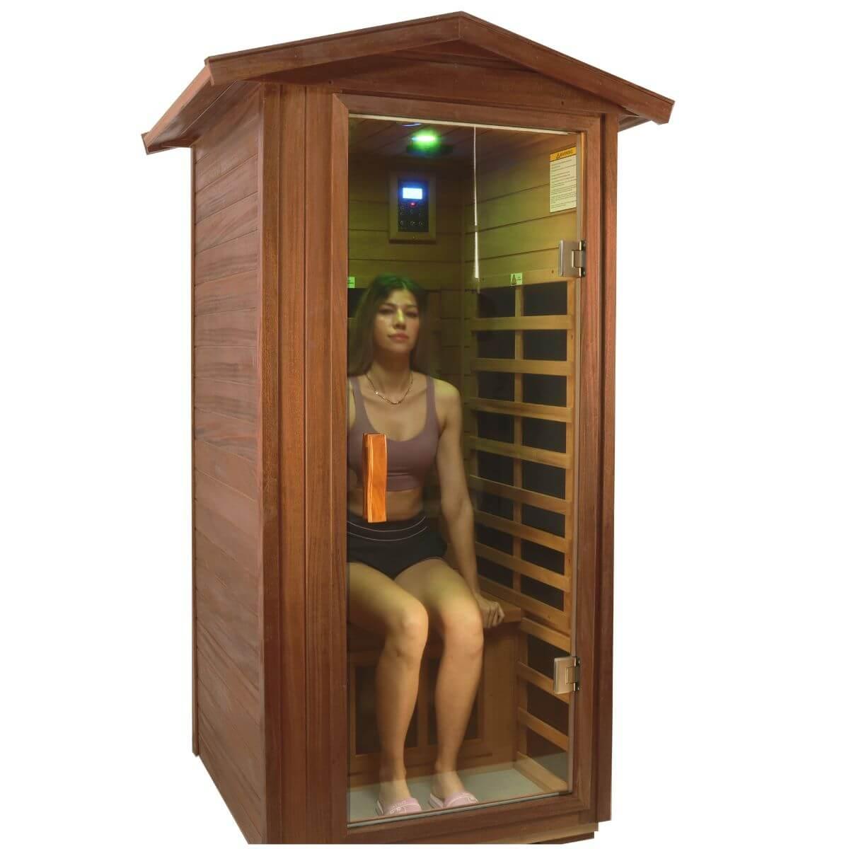 Wearwell-901VT 1 Person Outdoor Ultra-Low EMF Far Infrared Sauna in Mahogany | Strong Weather Resistance